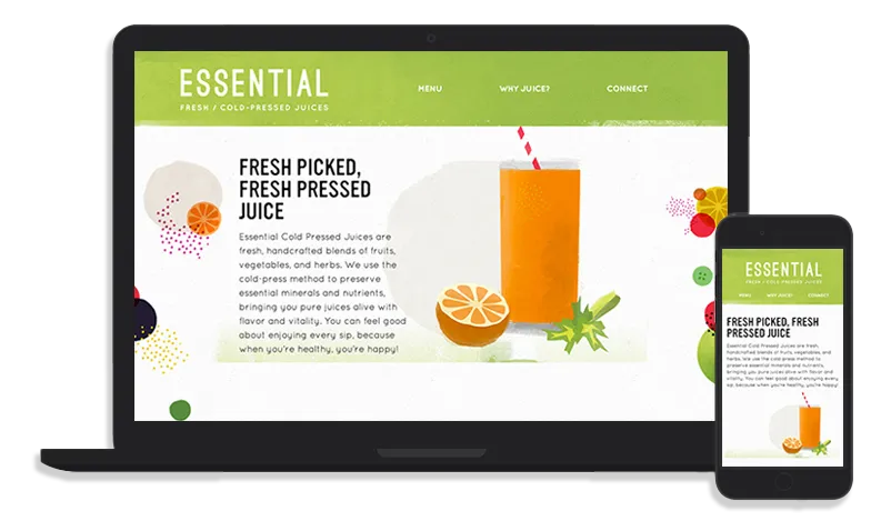 The responsive Essential Juicery website shown on a laptop and a phone