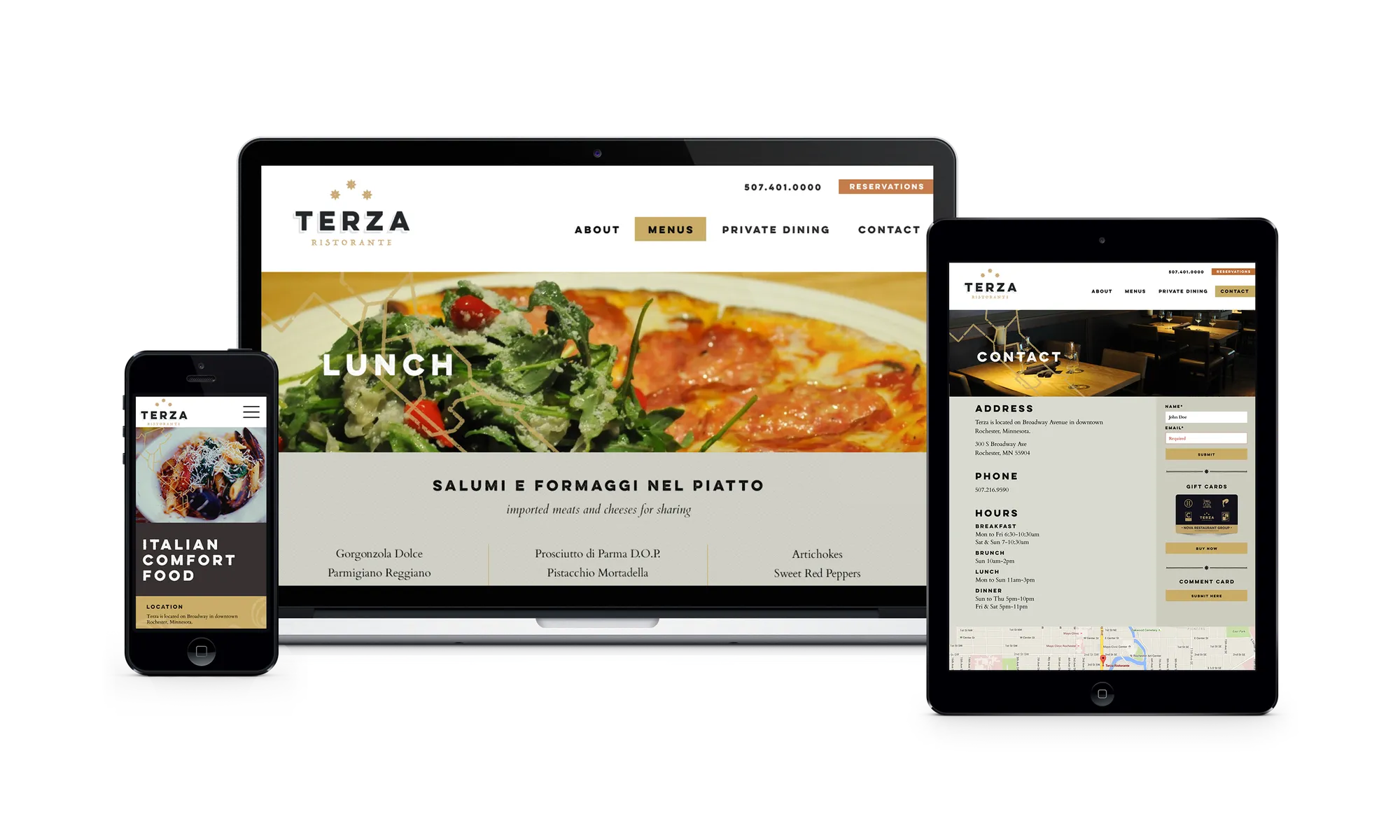 The Terza Ristorante website shown on desktop, tablet and phone