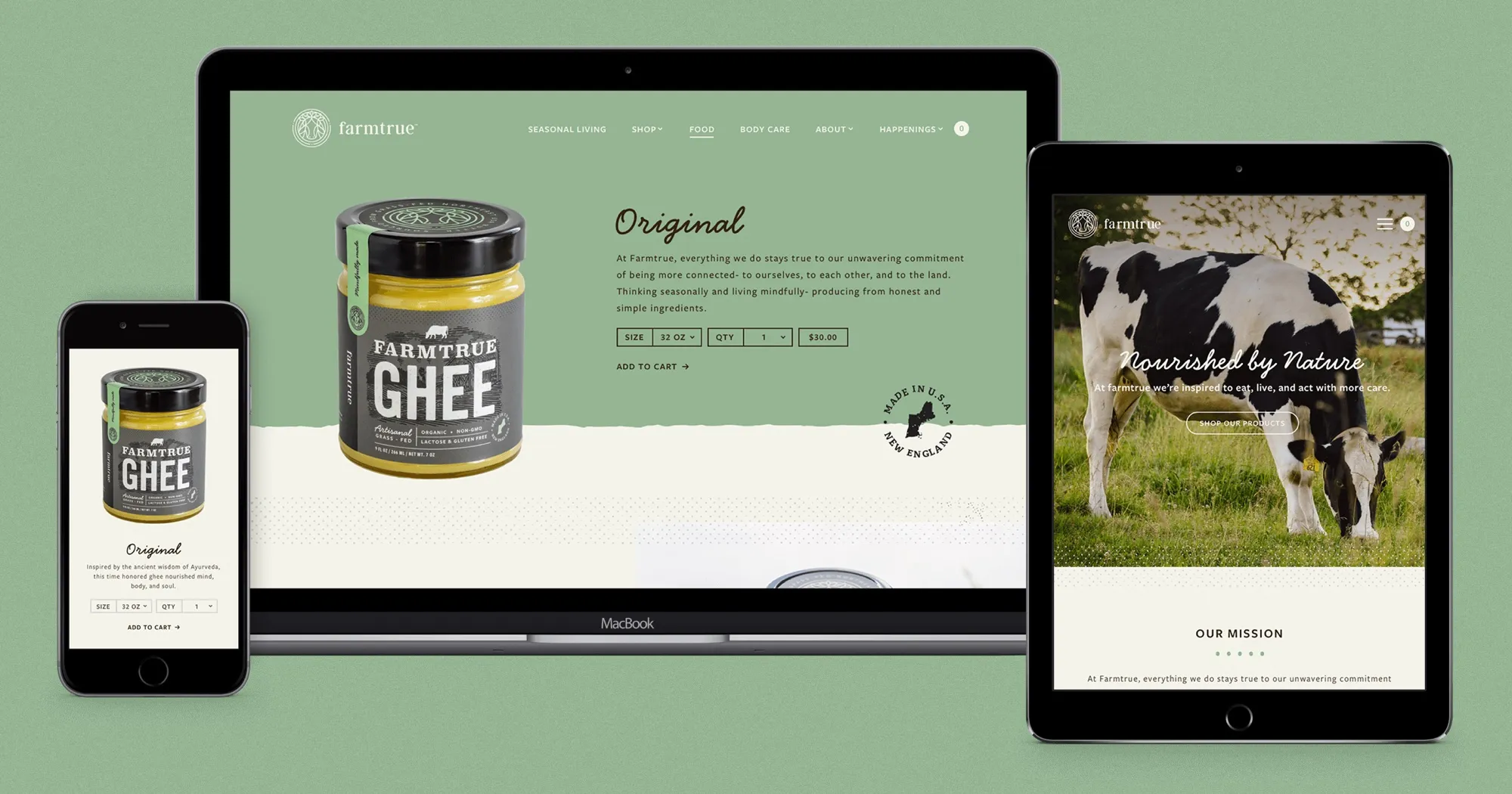 The responsive FarmTrue site on laptop, tablet and phone — a product page, and the mission page with a cow in the field
