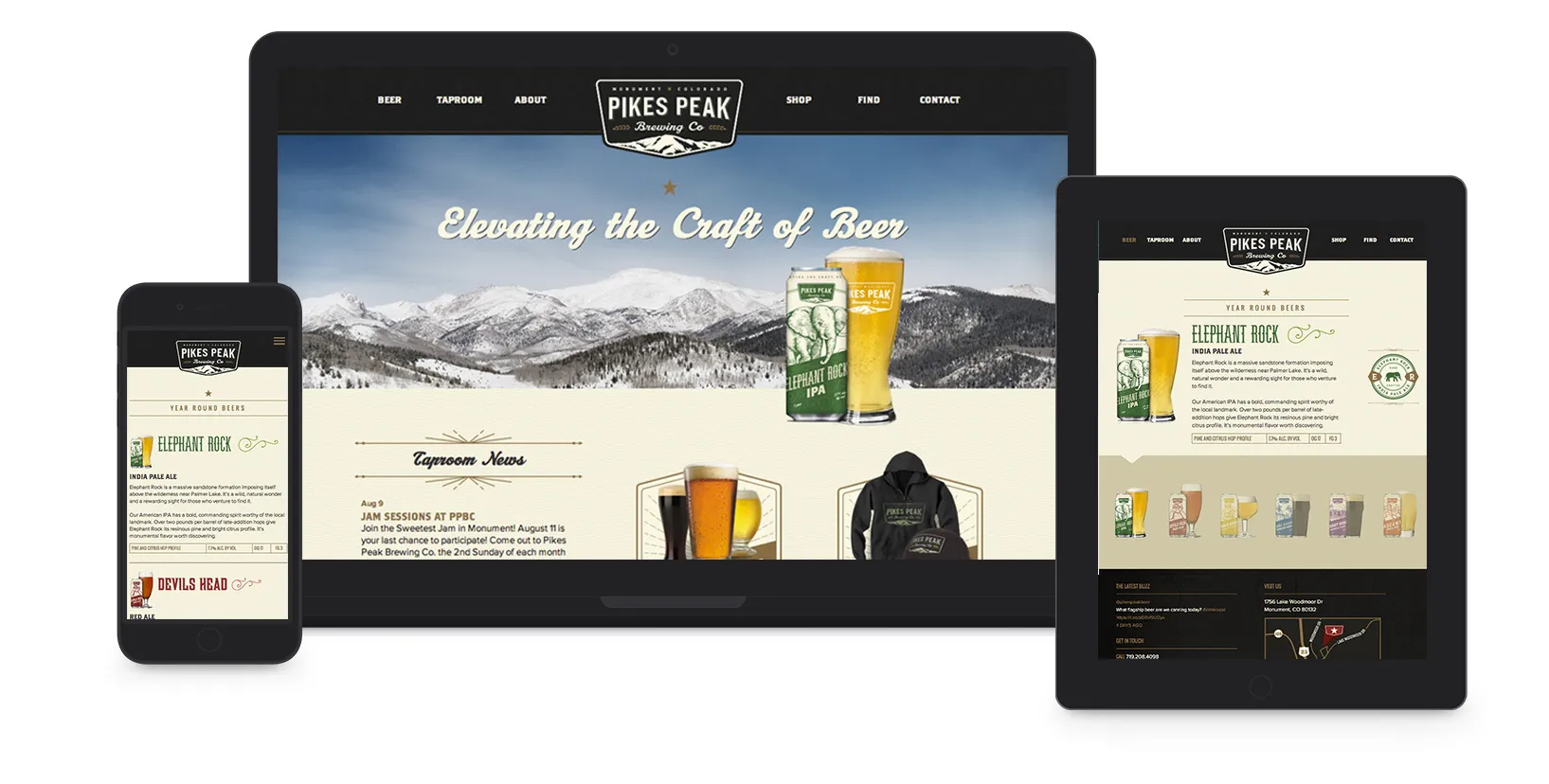 The responsive Pikes Peak site on laptop, tablet and phone — the badge over a mountain panorama, a beer and a can in frame