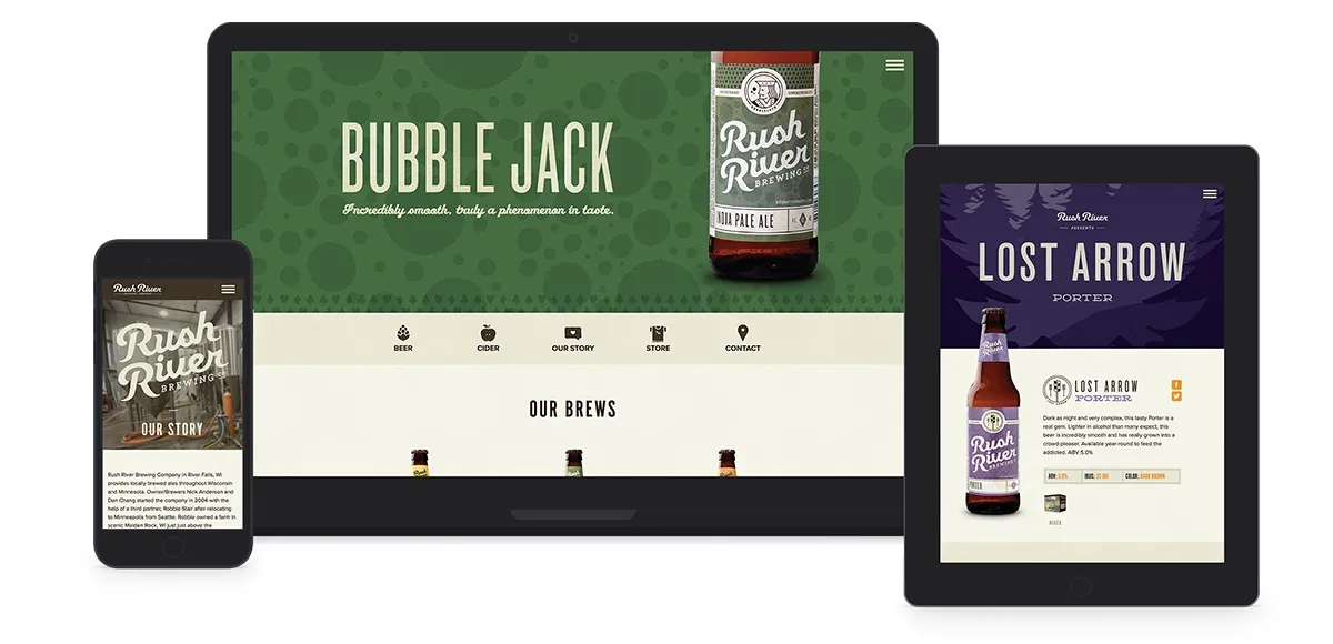 The responsive Rush River site on laptop, tablet and phone — Bubble Jack and Lost Arrow pages in the brand’s greens and plums
