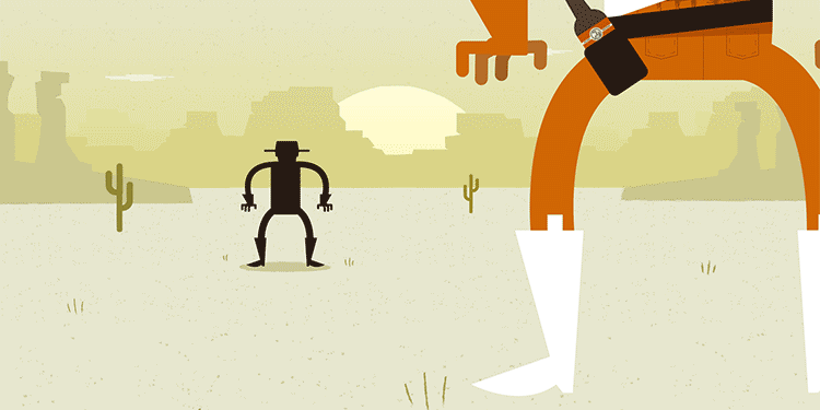 The Unforgiven amber ale animation — a cowboy and a cactus in a standoff under a desert sun